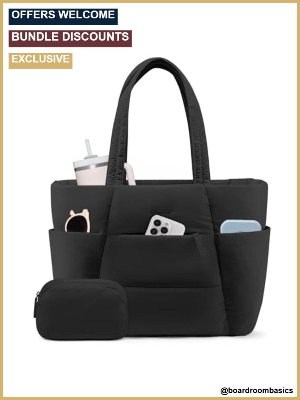 Puffer Tote Bag with 40oz Cup Holder, Laptop Work Bag, Lightweight Puffy Bag,